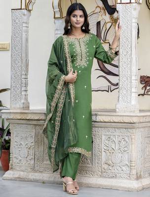 Green color silk blended embroidery readymade suit with dupatta 5