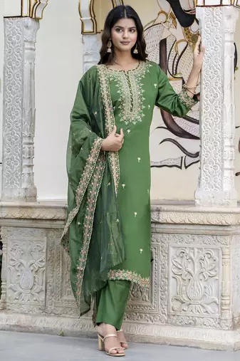 Green color silk blended embroidery readymade suit with dupatta