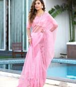 pink embroidery sequin border work organza saree