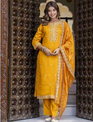 Yellow color silk blended embroidery readymade suit with dupatta 1