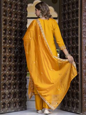 Yellow color silk blended embroidery readymade suit with dupatta 2