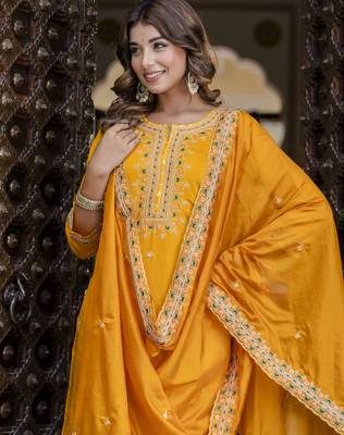 Yellow color silk blended embroidery readymade suit with dupatta 3