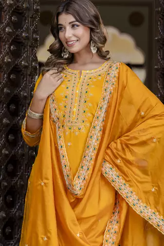 Yellow color silk blended embroidery readymade suit with dupatta