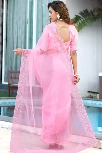pink embroidery sequin border work organza saree