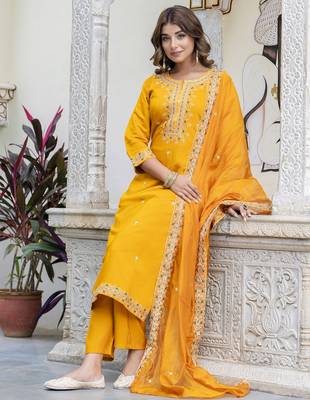 Yellow color silk blended embroidery readymade suit with dupatta 4