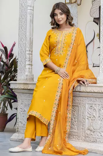 Yellow color silk blended embroidery readymade suit with dupatta
