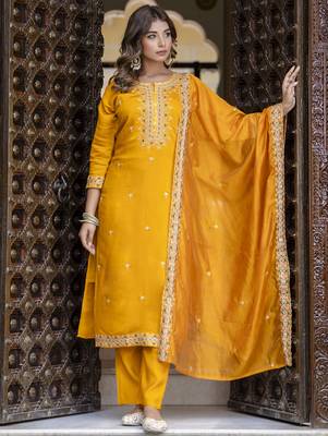 Yellow color silk blended embroidery readymade suit with dupatta 5