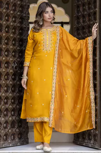 Yellow color silk blended embroidery readymade suit with dupatta