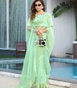 green embroidery sequin border work organza saree