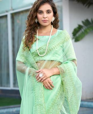 green embroidery sequin border work organza saree 4