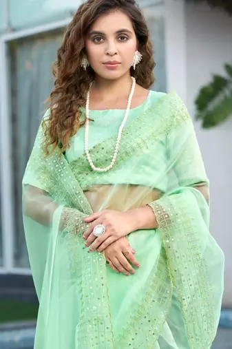 green embroidery sequin border work organza saree