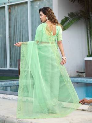 green embroidery sequin border work organza saree 5