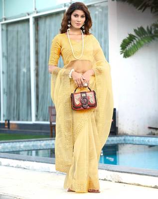 yellow embroidery sequin border work organza saree 1