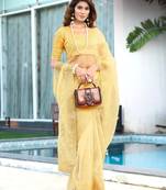 yellow embroidery sequin border work organza saree