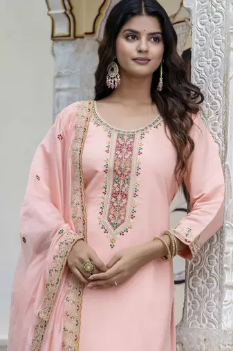Peach color silk blended embroidery readymade suit with dupatta