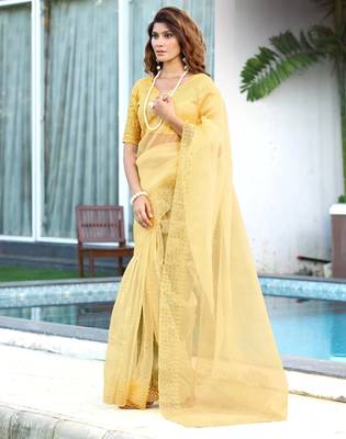 yellow embroidery sequin border work organza saree 3