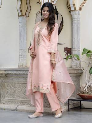 Peach color silk blended embroidery readymade suit with dupatta 4