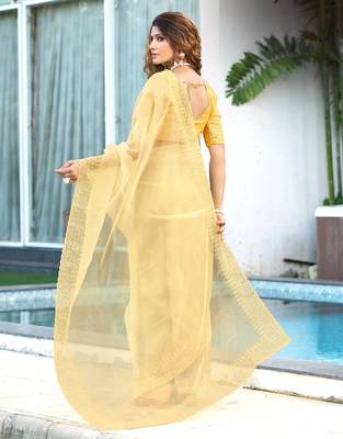 yellow embroidery sequin border work organza saree 5