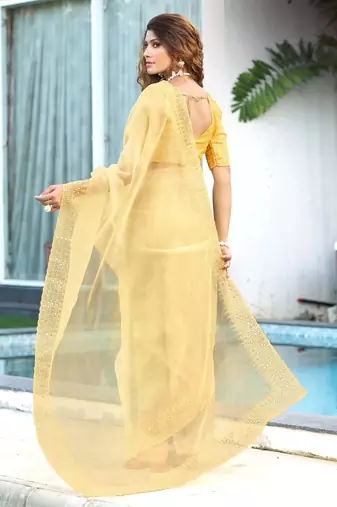 yellow embroidery sequin border work organza saree