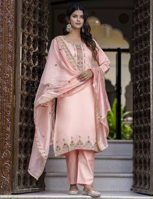 Peach color silk blended embroidery readymade suit with dupatta 5