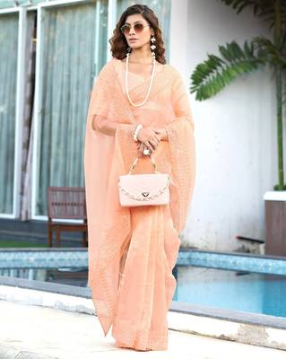 orange embroidery sequin border work organza saree 1