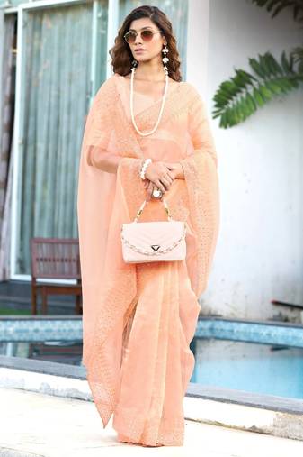 orange embroidery sequin border work organza saree