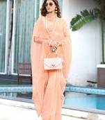 orange embroidery sequin border work organza saree