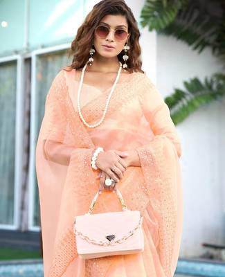 orange embroidery sequin border work organza saree 4