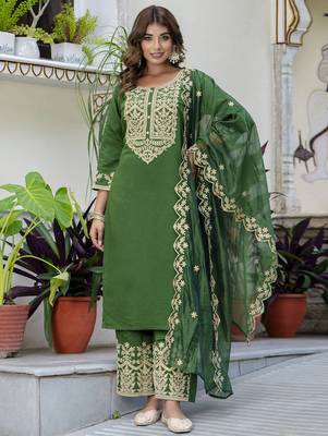 Green color silk blended designer embroidery work readymade suit with dupatta 1