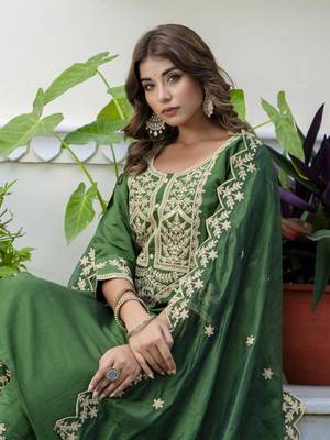 Green color silk blended designer embroidery work readymade suit with dupatta 3