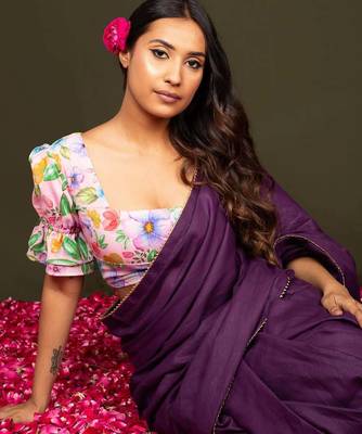 Purple Vichitra Dyed Saree with Digital Print Blouse 2