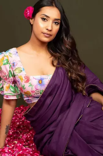 Purple Vichitra Dyed Saree with Digital Print Blouse