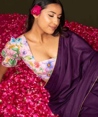Purple Vichitra Dyed Saree with Digital Print Blouse 4
