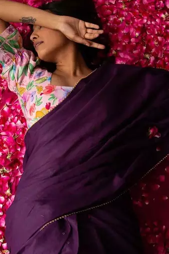 Purple Vichitra Dyed Saree with Digital Print Blouse