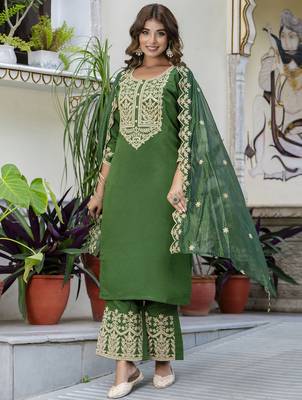 Green color silk blended designer embroidery work readymade suit with dupatta 4