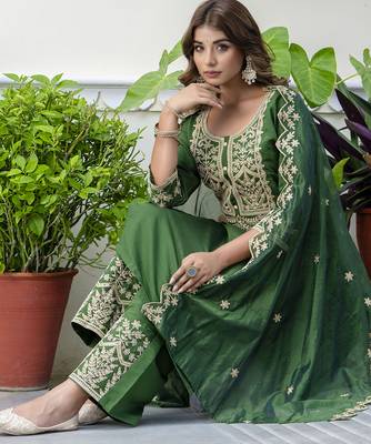 Green color silk blended designer embroidery work readymade suit with dupatta 5