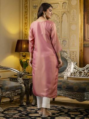 Baby pink color shimmer silk designer embroidery work readymade kurti 2