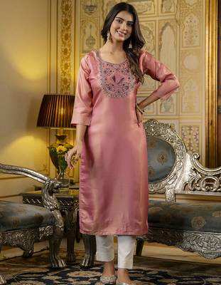 Baby pink color shimmer silk designer embroidery work readymade kurti 5