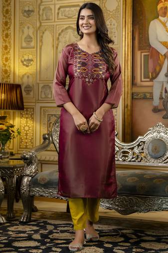 Maroon color shimmer silk designer embroidery work readymade kurti