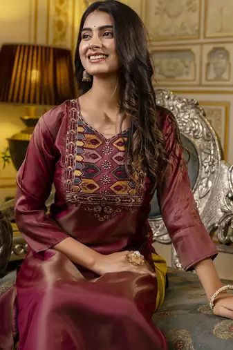 Maroon color shimmer silk embroidery readymade kurti
