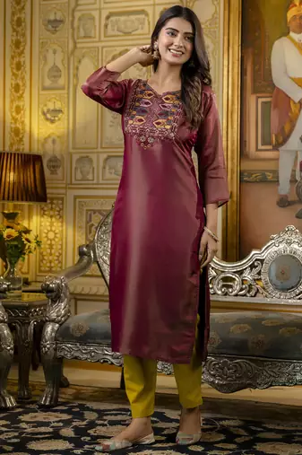 Maroon color shimmer silk embroidery readymade kurti