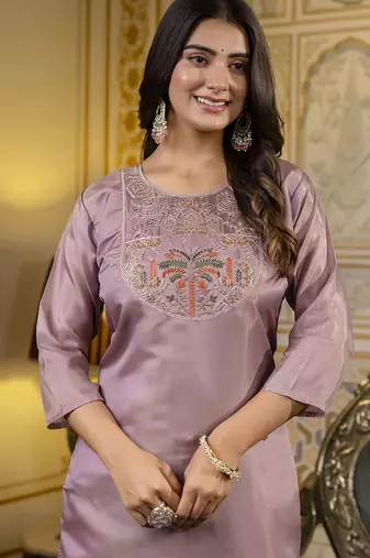 Lavender color shimmer silk embroidery readymade kurti