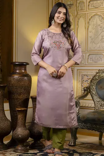 Lavender color shimmer silk embroidery readymade kurti