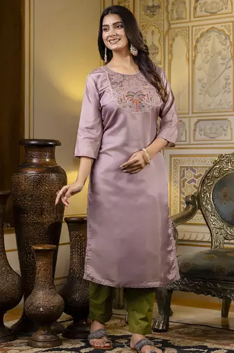 Lavender color shimmer silk embroidery readymade kurti