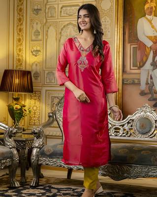 Pink color shimmer silk embroidery readymade kurti 1