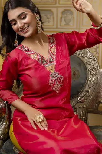 Pink color shimmer silk embroidery readymade kurti