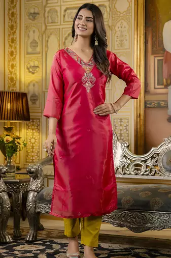 Pink color shimmer silk embroidery readymade kurti