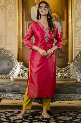 Pink color shimmer silk embroidery readymade kurti