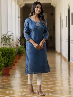 Teal color shimmer silk embroidery readymade kurti 1