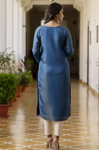 Teal color shimmer silk embroidery readymade kurti